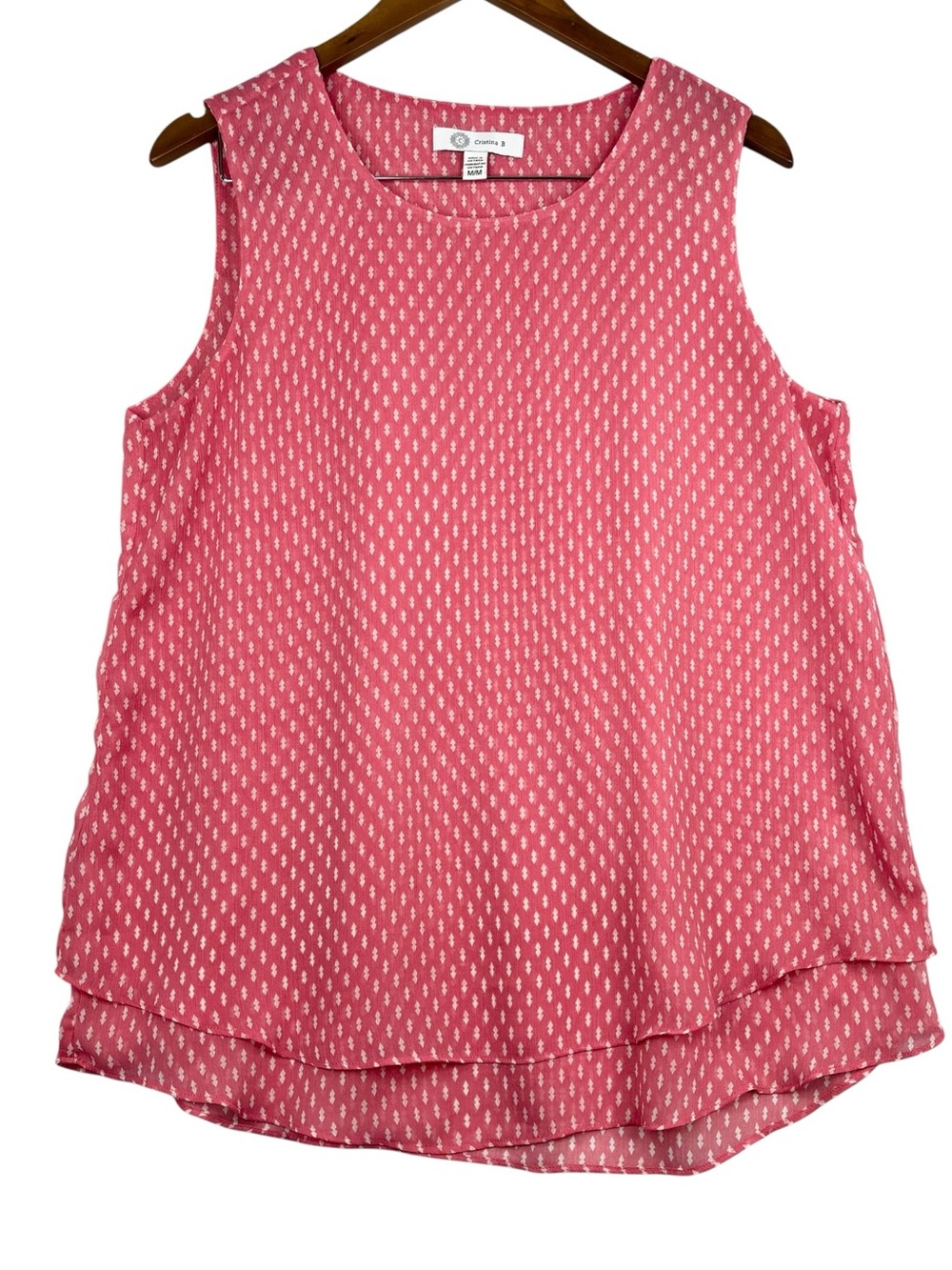 Cristina B Pink & Small White All Over Pattern Flowy Layered Sleeveless Too M